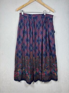 Vintage Susan Bristol Navy and Burgundy Plaid Midi Skirt with Paisley Florals
